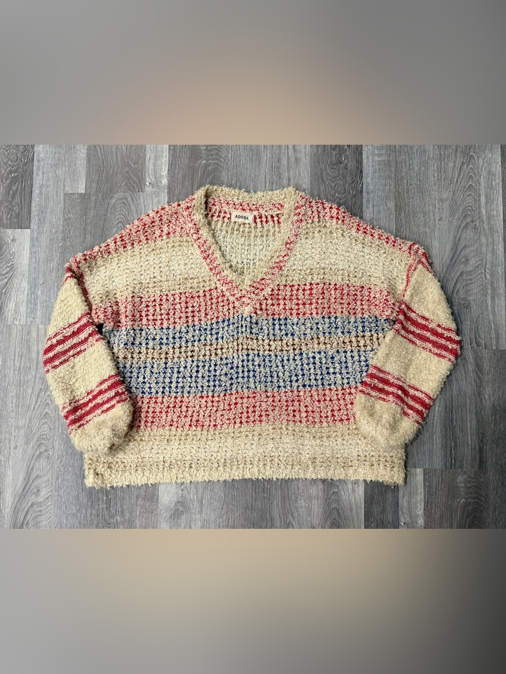 ADORA Womens M/L Ivory Red Blue Striped Textured V-Neck Knit Pullover Sweater